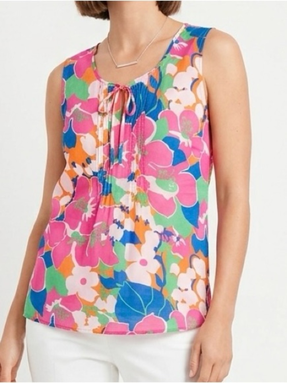 Talbots Bright Tropical Floral Pin-Tuck Sleeveless Blouse M
